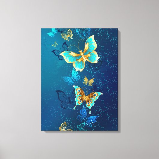Golden Butterflies op een blauwe achtergrond Canvas Afdruk (Voorkant)