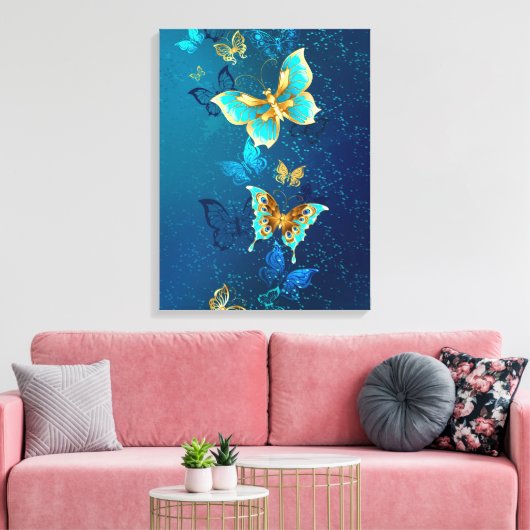 Golden Butterflies op een blauwe achtergrond Canvas Afdruk (Insitu (Woonkamer))