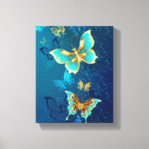 Golden Butterflies op een blauwe achtergrond Canvas Afdruk