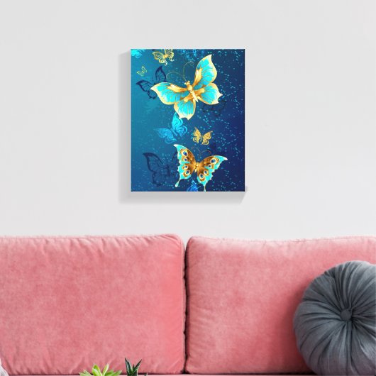 Golden Butterflies op een blauwe achtergrond Canvas Afdruk (Insitu (Woonkamer))