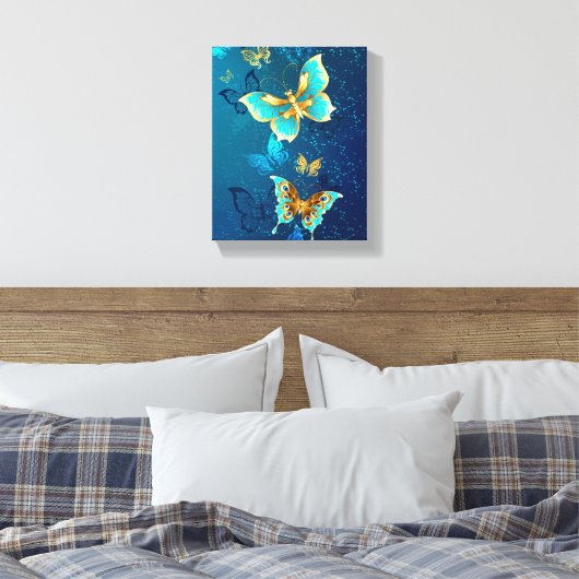 Golden Butterflies op een blauwe achtergrond Canvas Afdruk (Insitu (Slaapkamer))