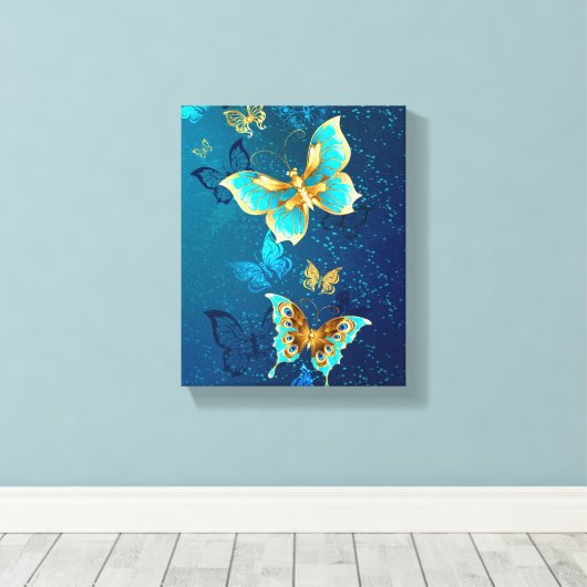 Golden Butterflies op een blauwe achtergrond Canvas Afdruk (Insitu (Houten vloer))