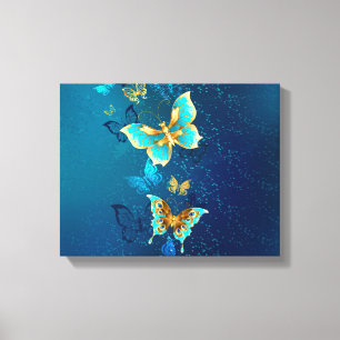 Golden Butterflies op een blauwe achtergrond Canvas Afdruk