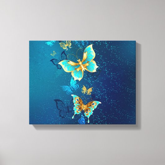 Golden Butterflies op een blauwe achtergrond Canvas Afdruk (Voorkant)