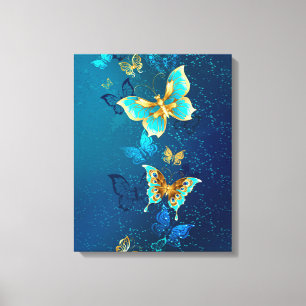 Golden Butterflies op een blauwe achtergrond Canvas Afdruk