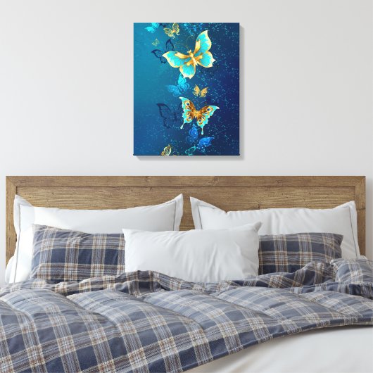 Golden Butterflies op een blauwe achtergrond Canvas Afdruk (Insitu (Slaapkamer))