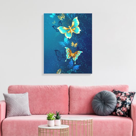 Golden Butterflies op een blauwe achtergrond Canvas Afdruk (Insitu (Woonkamer))