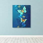 Golden Butterflies op een blauwe achtergrond Canvas Afdruk (Insitu (Houten vloer))