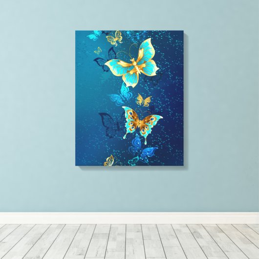 Golden Butterflies op een blauwe achtergrond Canvas Afdruk (Insitu (Houten vloer))