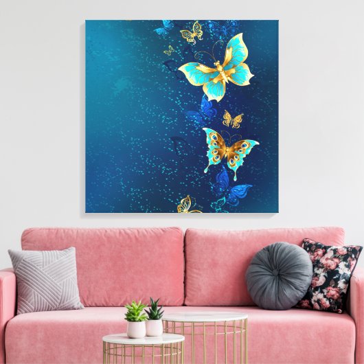 Golden Butterflies op een blauwe achtergrond Canvas Afdruk (Insitu (Woonkamer))