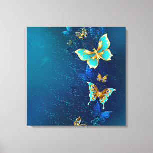 Golden Butterflies op een blauwe achtergrond Canvas Afdruk