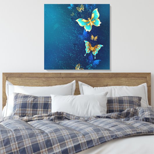 Golden Butterflies op een blauwe achtergrond Canvas Afdruk (Insitu (Slaapkamer))