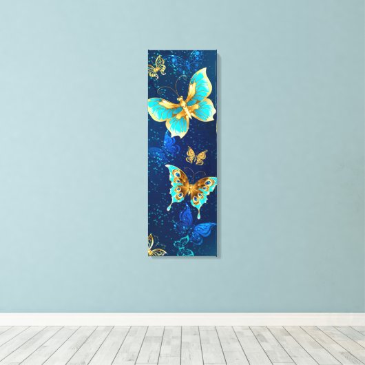 Golden Butterflies op een blauwe achtergrond Canvas Afdruk (Insitu (Houten vloer))