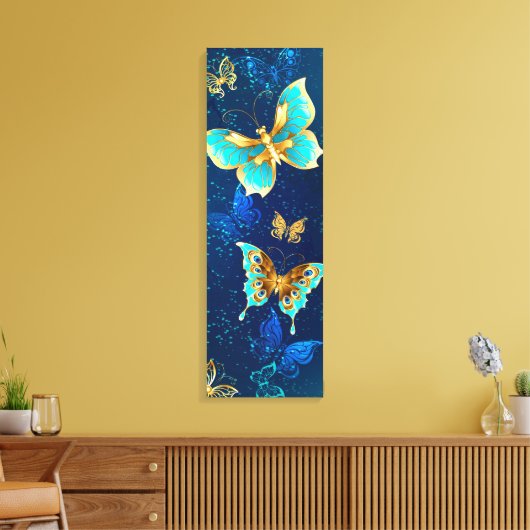 Golden Butterflies op een blauwe achtergrond Canvas Afdruk (Insitu (Woonkamer))