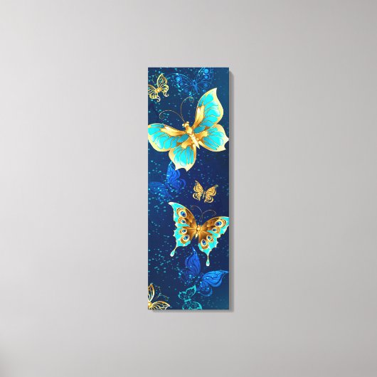Golden Butterflies op een blauwe achtergrond Canvas Afdruk (Voorkant)