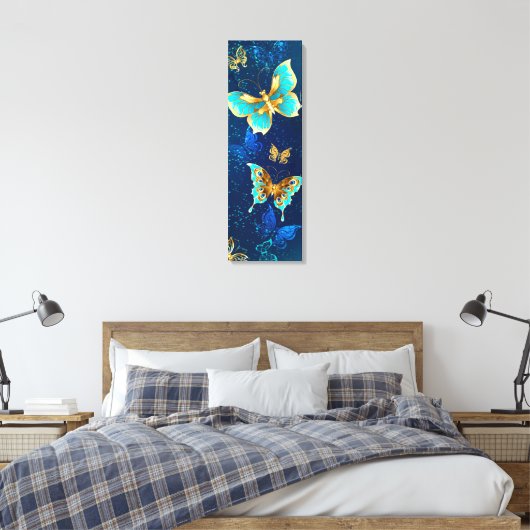 Golden Butterflies op een blauwe achtergrond Canvas Afdruk (Insitu (Slaapkamer))
