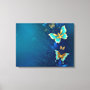Golden Butterflies op een blauwe achtergrond Canvas Afdruk