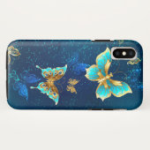 Golden Butterflies op een blauwe achtergrond Case-Mate iPhone Case (Achterkant (horizontaal))