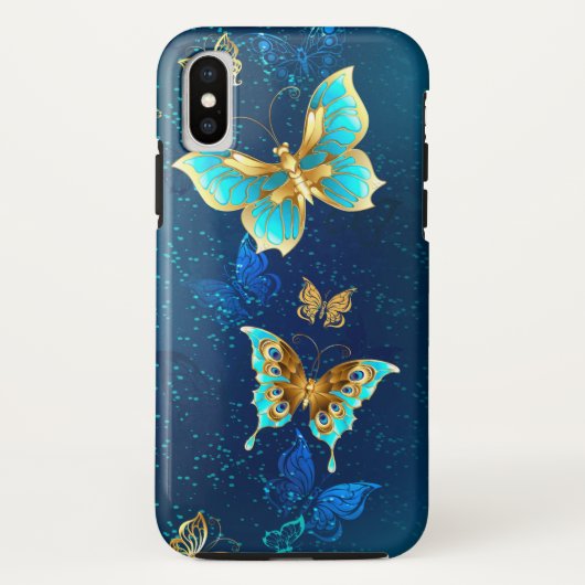 Golden Butterflies op een blauwe achtergrond Case-Mate iPhone Case (Achterkant)