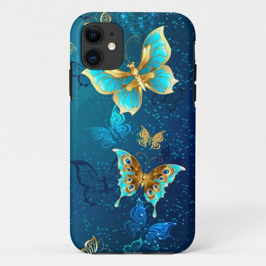 Golden Butterflies op een blauwe achtergrond Case-Mate iPhone Case (Achterkant)