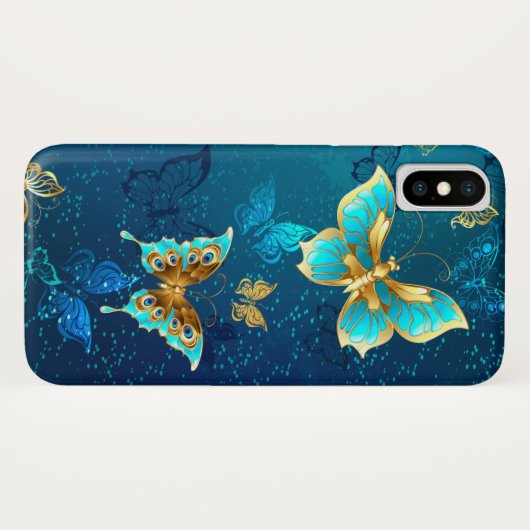 Golden Butterflies op een blauwe achtergrond Case-Mate iPhone Case (Achterkant (horizontaal))