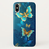 Golden Butterflies op een blauwe achtergrond Case-Mate iPhone Case (Achterkant)