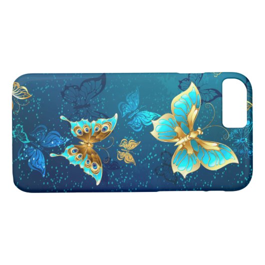 Golden Butterflies op een blauwe achtergrond Case-Mate iPhone Case (Achterkant (Horizontaal))