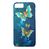 Golden Butterflies op een blauwe achtergrond Case-Mate iPhone Case (Achterkant)