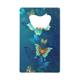 Golden Butterflies op een blauwe achtergrond Creditkaart Flessenopener