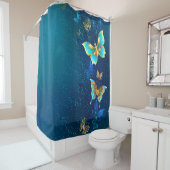 Golden Butterflies op een blauwe achtergrond Douchegordijn (In situ)