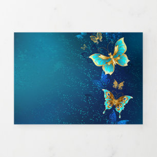 Golden Butterflies op een blauwe achtergrond Drieluik Uitnodiging