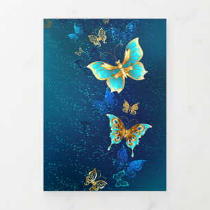 Golden Butterflies op een blauwe achtergrond Drieluik Wenskaart