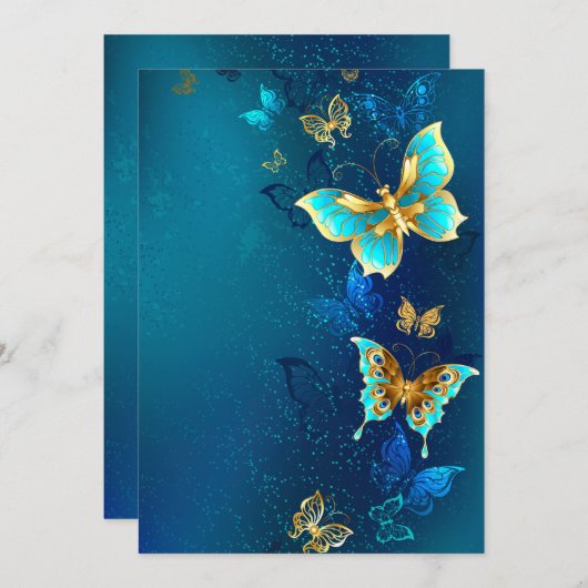 Golden Butterflies op een blauwe achtergrond Feestdagenkaart (Voorkant / Achterkant)