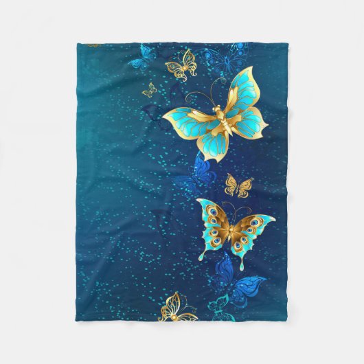 Golden Butterflies op een blauwe achtergrond Fleece Deken (Voorkant)