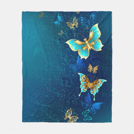 Golden Butterflies op een blauwe achtergrond Fleece Deken (Voorkant)