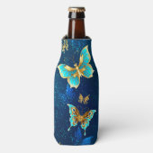 Golden Butterflies op een blauwe achtergrond Flesjeskoeler (Fles Voorkant)