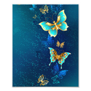 Golden Butterflies op een blauwe achtergrond Foto Afdruk