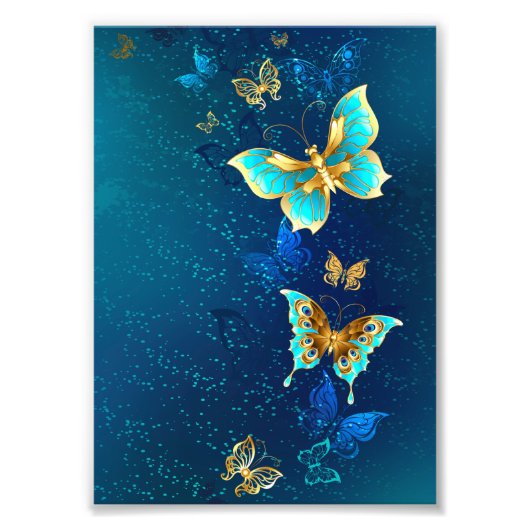 Golden Butterflies op een blauwe achtergrond Foto Afdruk (Voorkant)
