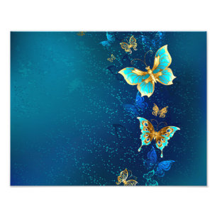 Golden Butterflies op een blauwe achtergrond Foto Afdruk