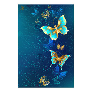 Golden Butterflies op een blauwe achtergrond Foto Afdruk
