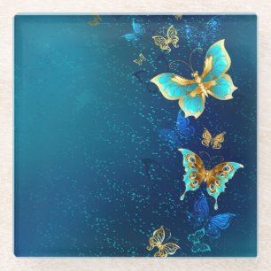 Golden Butterflies op een blauwe achtergrond Glazen Onderzetter
