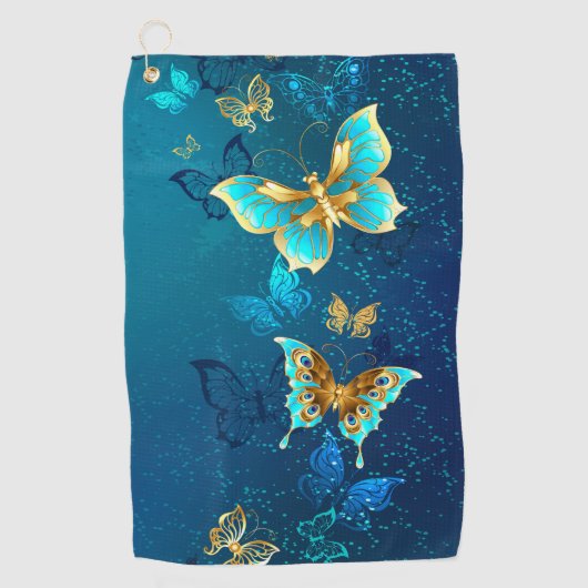 Golden Butterflies op een blauwe achtergrond Golfhanddoek (Voorkant)