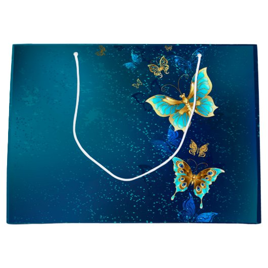 Golden Butterflies op een blauwe achtergrond Groot Cadeauzakje (Voorkant)