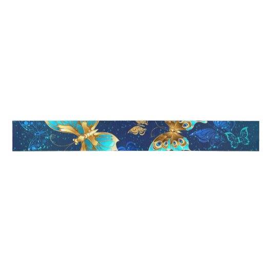 Golden Butterflies op een blauwe achtergrond Grosgrain Lint (Voorkant)