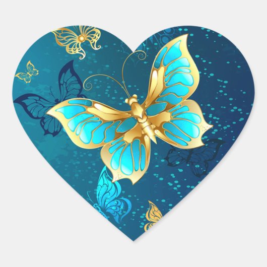 Golden Butterflies op een blauwe achtergrond Hart Sticker (Voorkant)