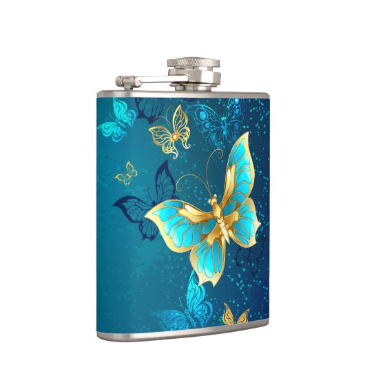 Golden Butterflies op een blauwe achtergrond Heupfles (Rechts)