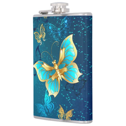 Golden Butterflies op een blauwe achtergrond Heupfles (Links)