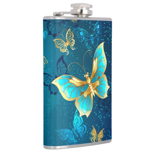 Golden Butterflies op een blauwe achtergrond Heupfles (Rechts)