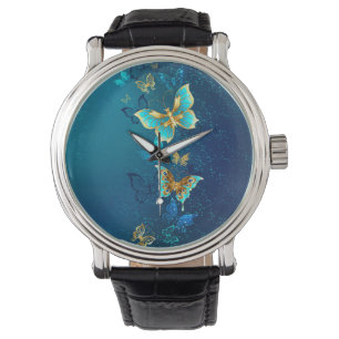 Golden Butterflies op een blauwe achtergrond Horloge