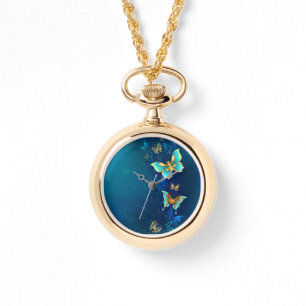 Golden Butterflies op een blauwe achtergrond Horloge